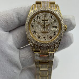 Rolex OYSTER PERPETUAL 41mm 904L SS SILVER/GOLD MOISSANITE DIAMONDS BRACELET AND DIAL A2824 iced out